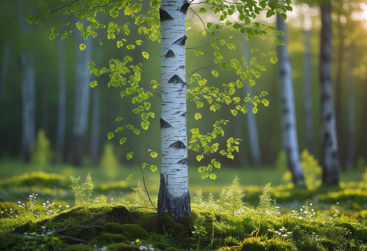 A tall birch tree with white bark and black markings standing in a sunlit forest clearing surrounded by green leaves and moss.