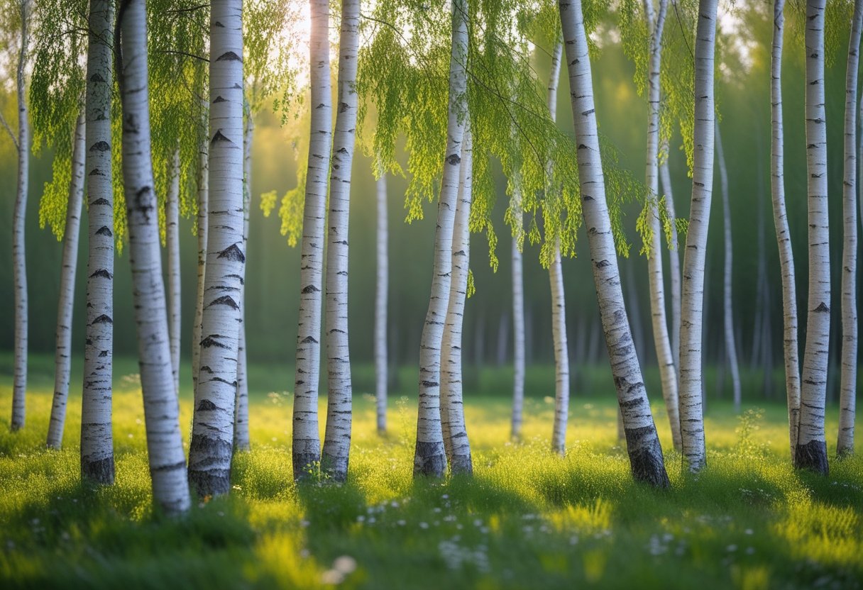 A peaceful forest of tall birch trees with white bark and green leaves illuminated by soft morning sunlight.